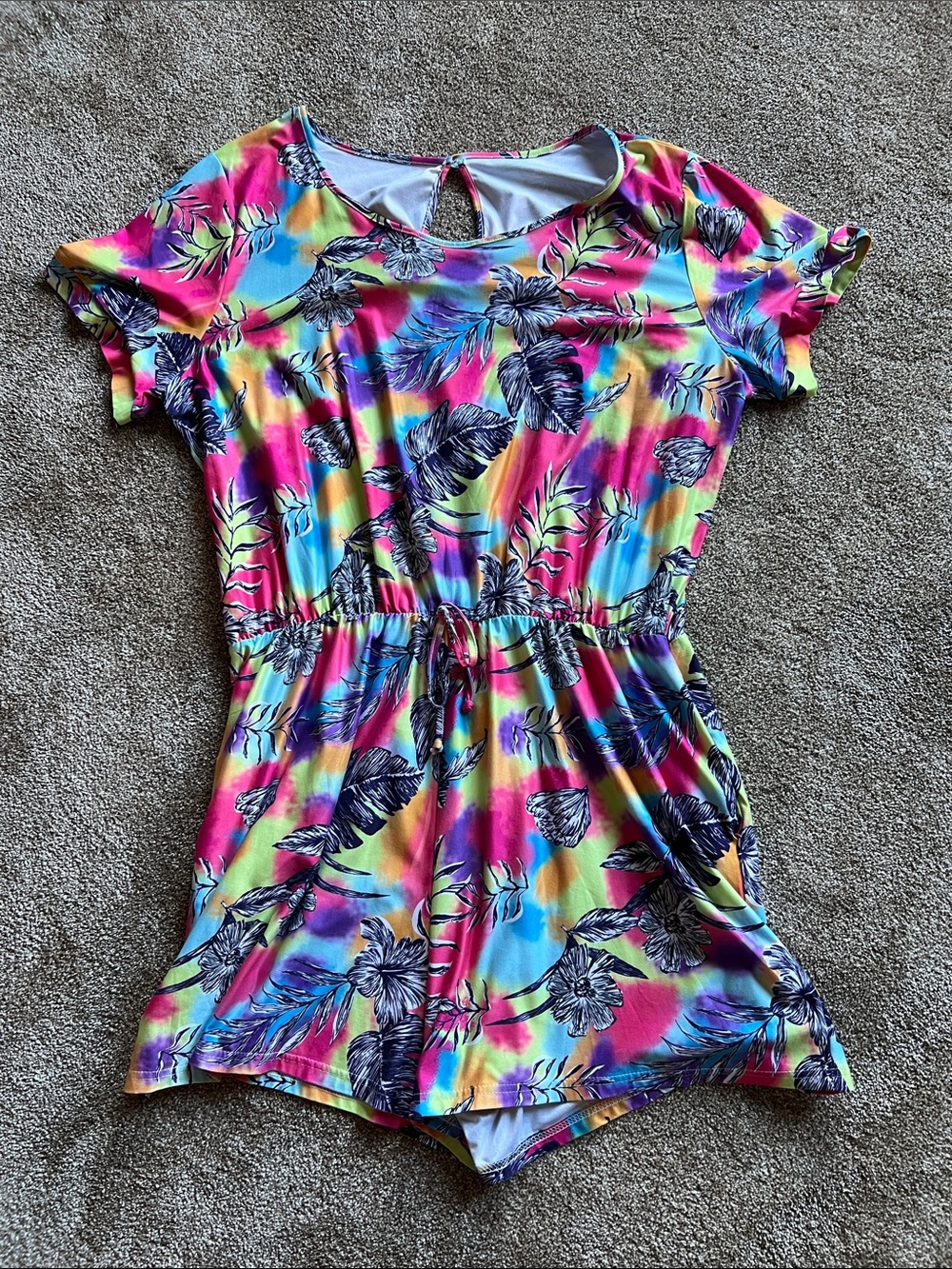 Woman’s Multicolor Tropical Print Romper - Bright Floral Short Jumpsuit